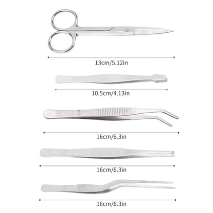5pcs Plant Tweezers and Scissors, Long Stainless Steel Garden Bend Tongs Set with Straight Curved Flat Point Tip Multiple-Use Gardening Tools for Bonsai Reptile Feeding Kitchen Use