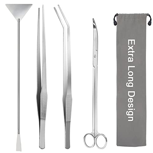 15" Aquarium Aquascape Tools Kit 4P Stainless Steel Aquascaping Set | 4in1 Extra Long Full Metal Design, Scissors, 2P Tweezers And Sand Spatula, For Trimming Plants, Arranging Sand And Aquascape - color: Silver