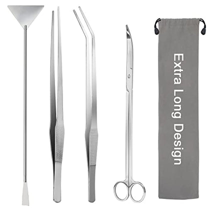 15" Aquarium Aquascape Tools Kit 4P Stainless Steel Aquascaping Set | 4in1 Extra Long Full Metal Design, Scissors, 2P Tweezers And Sand Spatula, For Trimming Plants, Arranging Sand And Aquascape - color: Silver