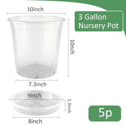 BTPLASTIK 3 Gallon Clear Nursery Pots with Saucers 5P, 10 Inch Round Plastic Plant Pots with Drainage Holes - size: 3 Gallon + Saucers 5P