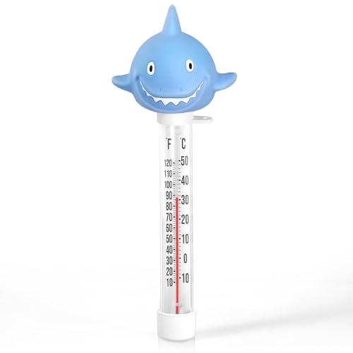 Pool Thermometer Floating, Water Temperature Thermometer with String, Large Size Easy Read & Shatter Resistant Pool Accessories for Outdoor & Indoor Swimming Pool, Spa,Ice Bath and Hot Tub (Shark) - color: Blue