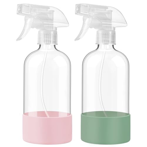 Glass Spray Bottles with Silicone Sleeve, 2 Pack16 oz Empty Refillable Containers with Adjustable Spray Nozzles, Spray Bottles for Hair, Cleaning Solutions and Plants Olive Green&Pink | Leak-Proof Empty Refillable Containers with Adjustable Spray Nozzles,