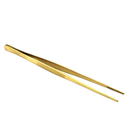 O'Creme Stainless Steel Precision Kitchen Culinary 8 Inch Tweezer Tongs (8" Straight, Gold) - color: Gold, size: 8" Straight