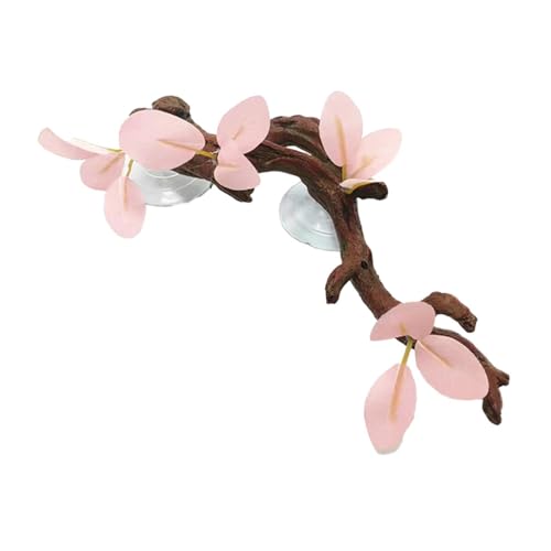 Reptile Terrarium Plant Decoration with Suction Cups, Pink Leaves Simulation Branch for Gecko and Bearded Dragon Habitats