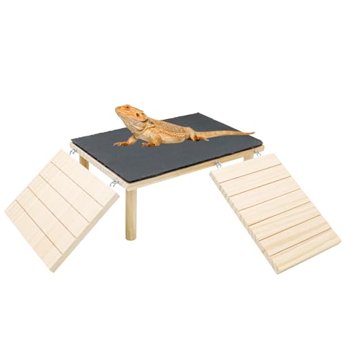 Bearded Dragon Basking Platform, Wooden + Rock Plate Reptile Cave Hideout with Climbing Ramp, Aquariums & Terrariums Accessories for Bearded Dragons Leopard Geckos Lizards Turtles Hamsters - color: Wood + Rock