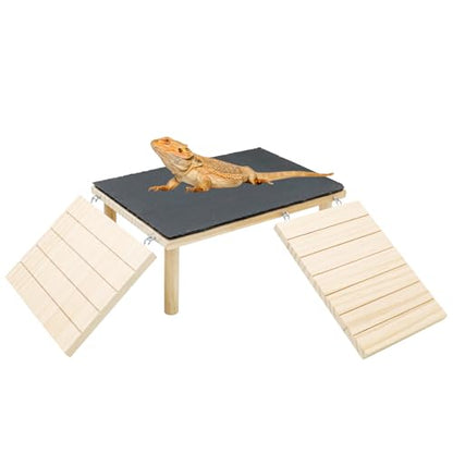 Bearded Dragon Basking Platform, Wooden + Rock Plate Reptile Cave Hideout with Climbing Ramp, Aquariums & Terrariums Accessories for Bearded Dragons Leopard Geckos Lizards Turtles Hamsters - color: Wood + Rock