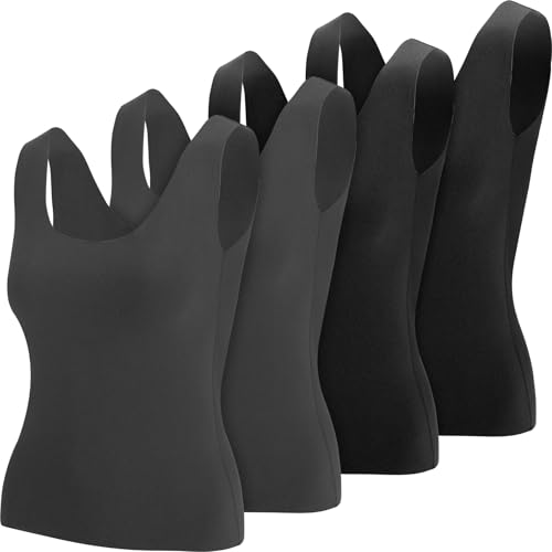 Toulite 4 Pcs Thermal Tank Tops Women Underwear Tops Sleeveless Undershirt for Women Cotton Camisole Warm Base Layer - color: Black, Iron Grey, size: Small