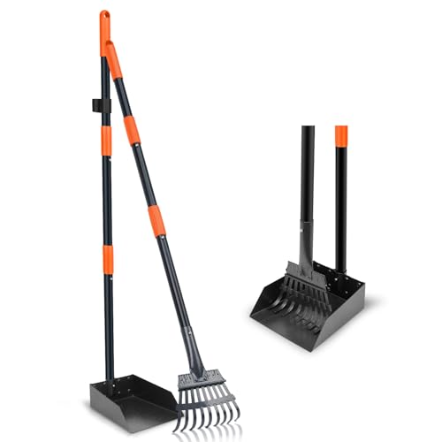 Pooper Scooper, Dog Pooper Scooper Tray and Rake Set with Adjustable Stainless Steel Long Handle for Large Medium Small Dogs - color: Orange