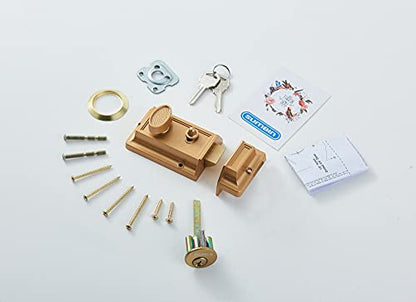 Night Latch Deadbolt Rim Lock,Antique Locks with Keys for Front Door,Gold Finish - color: Gold