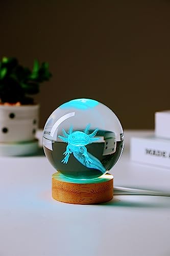 axolotl lamp,3.15 inch 3D K9 Crystal Ball Axolotl Night Light with Wooden Base,16 colors change,remote control,color box,Birthday Christmas axolotl Gift