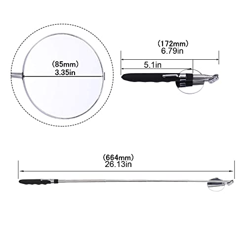 Inspection mirror telescoping Round Mirror 20 lb telescopic magnet, 85mm/50mm round mirror set Inspection Tool for Checking Vehicle, Observing Eyelashes Mouth and Other Small Parts Extended