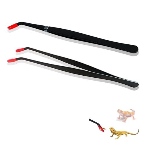2 Pcs Reptile Feeding Tongs – Stainless Steel Aquarium Tweezers with Rubber Tips, Straight & Curved Long Handle for Bearded Dragons, Lizards, Snakes, Spiders & Terrarium Feeding