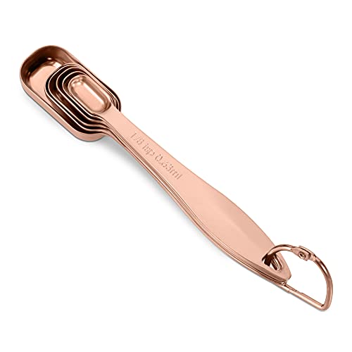 6-Piece 18/8 Stainless Steel Measuring Spoons Set, Rose Gold | Six Engraved US and Metric Sizes From 1/8 TSP to 1 Tbsp Fit Narrow Spice Jars and Stay Together On an O-shaped Ring - color: Rose Gold, size: 6 Piece