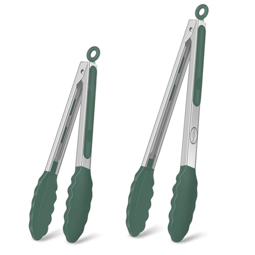 Stainless Steel Kitchen Tongs with Silicone Tips, Locking Grilling Food Tongs, 9" and 12", Set of 2 Dark Green - color: 2pack Dark Green