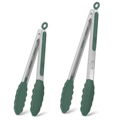 Stainless Steel Kitchen Tongs with Silicone Tips, Locking Grilling Food Tongs, 9" and 12", Set of 2 Dark Green - color: 2pack Dark Green