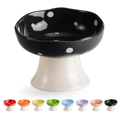 Black Mushroom Cat Bowl, Elevated Ceramic Bowl for Cats | Elevated, Ceramic, Whisker Friendly, Anti Vomitin,Cute Mushroom Design - color: Black