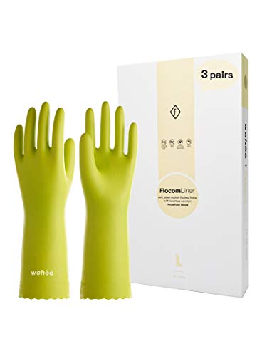LANON 3 Pairs wahoo Cleaning Gloves,Cotton Flocked Liner,Bud Tender,Large | Skin-Friendly,Dish Washing,Reusable,Latex Free,DEHP-Free,Non-Slip,Dishwashing Household Kitchen Gloves - color: Bud Tender, size: Large (Pack of 3)