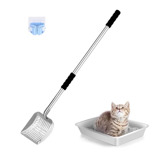 Cat Litter Spoon Metal Removable Stainless Steel Long Handle Cat Litter Screen Non-Stick Coated with Adjustable Handle and Soft Grip Heavy Duty Pet Cat Litter Shovel with 1 Pcs Hook - size: 16in-31in