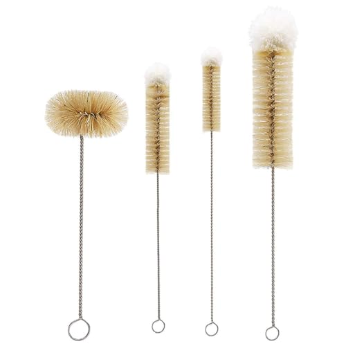 Bottle Brushes Thin Long Handle X 4, Natural Boar Bristle Set | Stainless Steel Bendable Wire Cleaner with Wool Tip, Slim Flexible for Cleaning Narrow Neck Bottles, Pipes, Tubes, Hoses