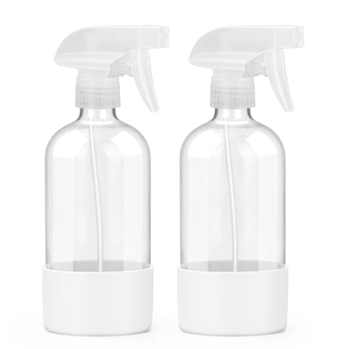 Worldgsb 2 Pack Glass Spray Bottles with Silicone Sleeve, 16 oz Empty Refillable Containers with Adjustable Spray Nozzles, Spray Bottles for Hair, Cleaning Solutions and Plants White - color: White