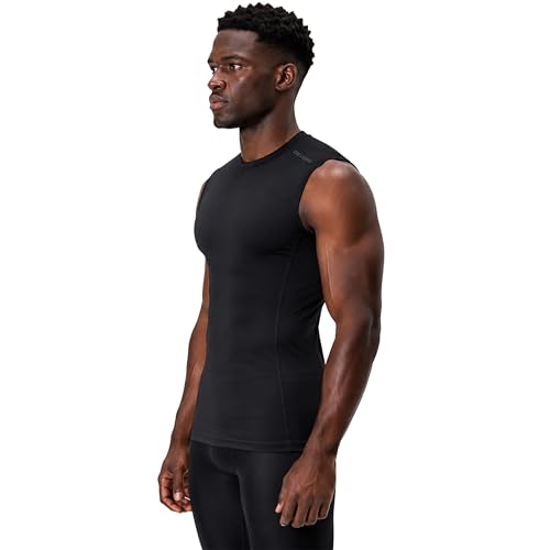 DEVOPS 3 Pack Men's Compression Shirts Sleeveless Tank Top Baselayer | Gym Training, Running, Moisture Wicking, Compression Fit, 4-Way Stretch, UPF 50+, Sleeveless - color: 1# (3 Pack) Black / Black(gray) / Black(red), size: Small