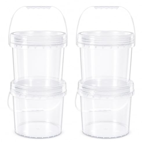 4 Pack 1 Gallon Food Grade Plastic Buckets with Screw Lids & Handle, Reusable Storage Containers for Snacks, Salad, Sauce - Clear Freezer Safe Bucket Set - color: Transparent, size: 1 Gallon