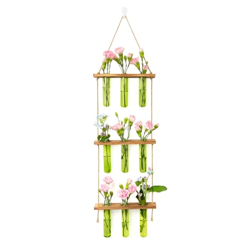 XXXFLOWER Wall Hanging Propagation Station with Wooden Stand Green | 9 Test Tubes Vases Terrarium Kit, Hanging Planters for Indoor Plants, Wall Decor for Living Room Office - size: Green-9 Tube Vase
