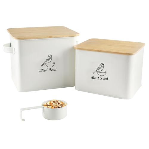 Bird Seed Storage Container Set of 2,10LB Bird Food Container-White | Metal Bird Seed Container with Bamboo Lids, Airtight Wild Bird Seed Tin for Storing Sunflower Seed-Squirrel proof - color: White(Bird Feed)