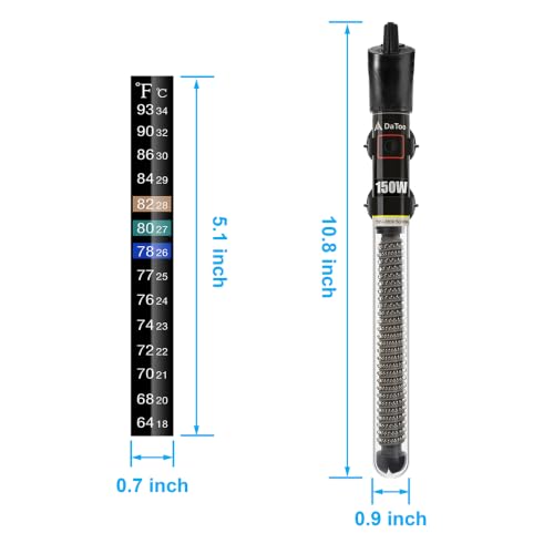 DaToo Mini Aquarium Heater 150W Small Fish Tank Heater 150 Watt with Free Thermometer Sticker(150W) - size: 150W