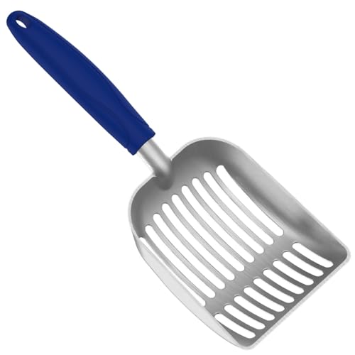 Cat Litter Scoop, Kitty Metal Scooper, Aluminum Alloy Sifter, Kitten Pooper Lifter, Deep Shovel, Long Handle, Poop Sifting, Durable, Heavy Duty, for Litter Box - color: Polished Aluminum-Blue Handle, size: Small