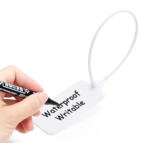 100 White Blank Plastic Tags for Labeling Waterproof Hanging Labels Writable Tags Seal Plastic Marking Label for Clothes Bags Keys Inventory with One Marker Pen - color: White, size: 100 PCS