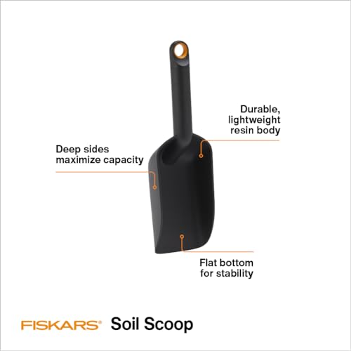 Fiskars Soil Scoop for Potting & Transplanting, 1.5 Cup Capacity, Black | Indoor Potting for Medium Planters, Durable Lightweight Resin Garden Scooper with Flat Bottom & Deep Sides to Prevent Spills - style: Soil Scoop