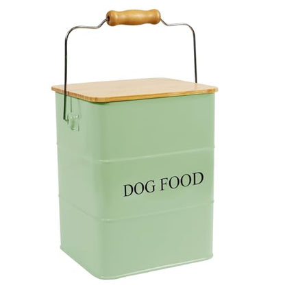 Dog Food storage container Dog Treats Jar,5~6 lb Metal food treats tin for Dog, pet snacks Canisters with wooden lid/handle/sevice scoop-Green - color: Dog-Green