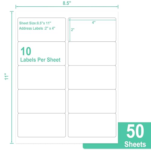 L LIKED 2"x4" Printable White Label Stickers 500 Labels 50 Sheets | Matte, permanent adhesive, laser/inkjet compatible, 10 per sheet, multipurpose for shipping, address & FBA - size: 50 Sheets