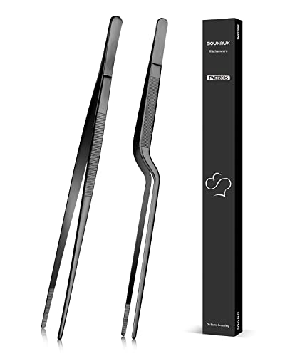 12-inch Cooking Tweezer and Offset Tweezer Set, Tongs with Serrated Tips, Stainless Steel, Black, 2pcs - size: 12-inch