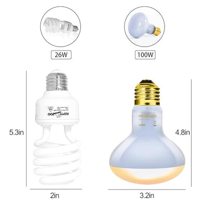 REPTI ZOO Dual Reptile Light Fixture Reptile Heat Lamp Combo Pack, 100W UVA Daylight Basking Spot Light and 26W UVA UVB Reptile Light Energy Saving Spiral Compact Lamp UVB Bulb 5.0 - style: DRL01ST5