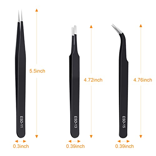 kaverme 3PCS Precision Tweezers Set, Upgraded Anti-Static Stainless Steel | Tweezers for Electronics, Soldering, Laboratory Work, Jewelry-Making, Model, Craft