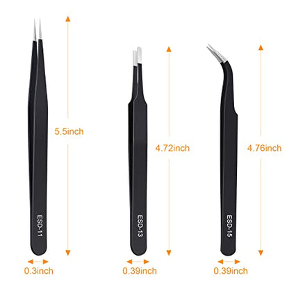 kaverme 3PCS Precision Tweezers Set, Upgraded Anti-Static Stainless Steel | Tweezers for Electronics, Soldering, Laboratory Work, Jewelry-Making, Model, Craft