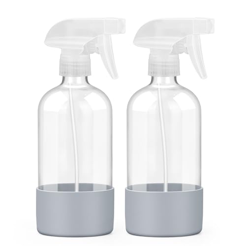 Worldgsb 2 Pack Glass Spray Bottles with Silicone Sleeve, 16 oz Empty Refillable Containers with Adjustable Spray Nozzles, Spray Bottles for Hair, Cleaning Solutions and Plants - color: Grey