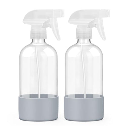 Worldgsb 2 Pack Glass Spray Bottles with Silicone Sleeve, 16 oz Empty Refillable Containers with Adjustable Spray Nozzles, Spray Bottles for Hair, Cleaning Solutions and Plants - color: Grey