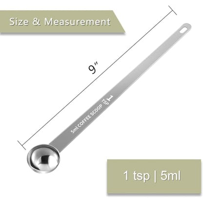 2PCS Extra Long Handle Coffee Scoop, 1Tsp(5ml) Measuring Spoon | 9” Length, Food-Grade Stainless Steel, Accurate Measurement, Dishwasher-Safe, Engraved Marking, Coffee Ritual Essential - size: 1tsp