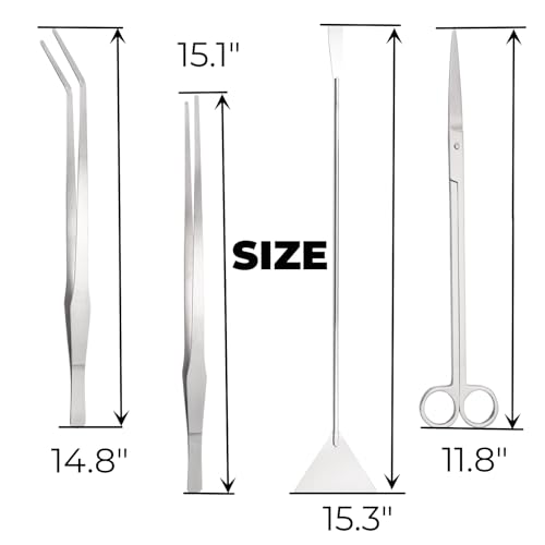 Hiceeden 4 Pcs 15 Inch Long Aquarium Aquascape Tools, Stainless Steel Aquascaping Tools Kit Include Aquarium Tweezer, Scissor, Spatula, Aquatic Plants Tool Set with Storage Pouch for Fish Tank