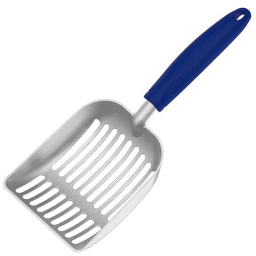 Cat Litter Scoop, Kitty Metal Scooper, Aluminum Alloy Sifter, Kitten Pooper Lifter, Deep Shovel, Long Handle, Poop Sifting, Durable, Heavy Duty, for Litter Box - color: Flat Aluminum-Blue Handle, size: Small