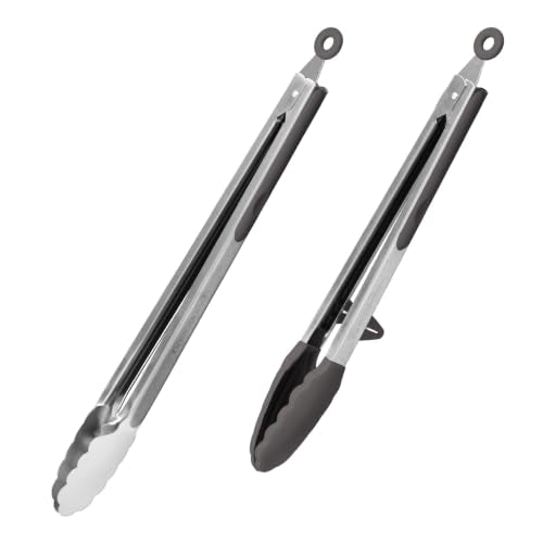 Kitchen Mama DuoEssentials Cooking Tongs Set, Metal Gray | 12" Silicone Tip & 14" Stainless Steel, BBQ Grill Tongs, Locking Ring, Heat Resistant, Non Stick & Dishwasher Safe - color: Metal Gray