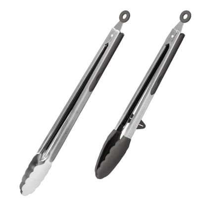 Kitchen Mama DuoEssentials Cooking Tongs Set, Metal Gray | 12" Silicone Tip & 14" Stainless Steel, BBQ Grill Tongs, Locking Ring, Heat Resistant, Non Stick & Dishwasher Safe - color: Metal Gray