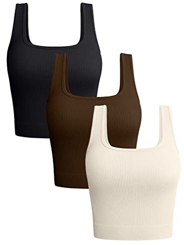 OQQ Women's 3 Piece Tank Tops Ribbed Seamless Workout Exercise Shirts 2025 Summer Basic Camis - color: Black Coffee Beige, size: Medium