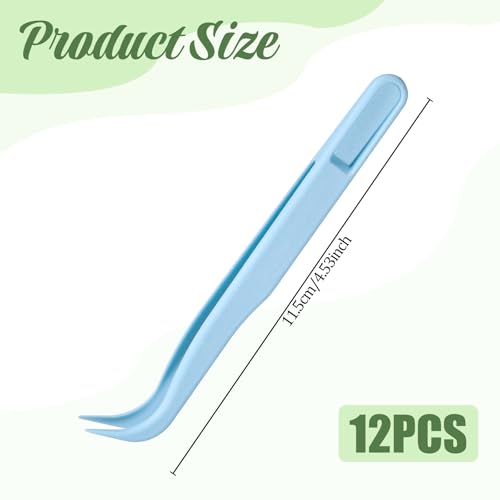 12 Pcs Plastic Tweezers, Non Slip Bent Tip Craft Tweezer, Long 4.5 Inch Bent Tweezers, Pointed Tip, Precision Tweezer for Jewelry Making, DIY Crafts, Stickers, Reptile Feeding, Lash Tool (Blue)