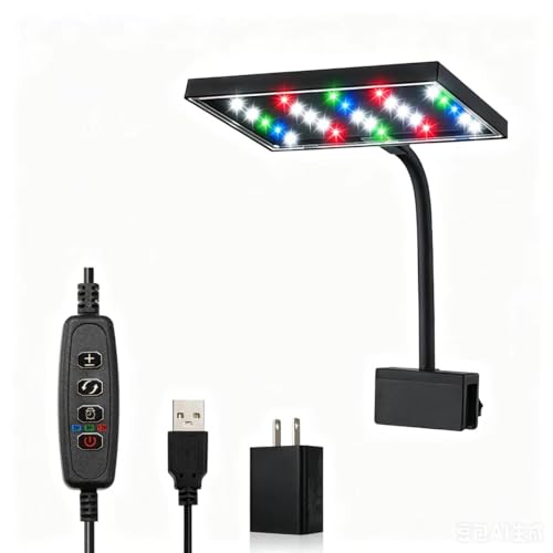 Carefree Fish Aquarium LED Light USB 5V1A RGBW 5730 Timmer 1~10Gal Fish Tank Clip Light 10 Brightness Levels 8W with USB Port (Include UL Certification Power Adapter)