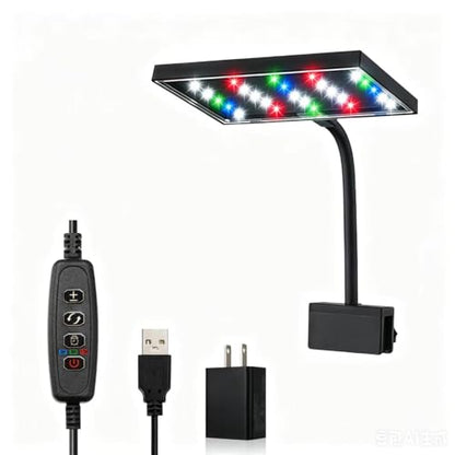 Carefree Fish Aquarium LED Light USB 5V1A RGBW 5730 Timmer 1~10Gal Fish Tank Clip Light 10 Brightness Levels 8W with USB Port (Include UL Certification Power Adapter)