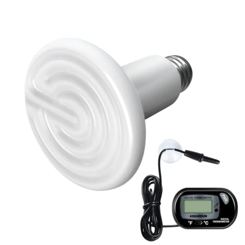 Simple Deluxe 100W Ceramic Heat Lamp Reptile Heat Emitter Heater Lamp Bulb No Light with Free Digital-Thermometer, for Pet Brooder Coop Chicken, Turtle Lizard Snake Aquarium Tank, White - size: 1-Pack+Thermometer, style: White